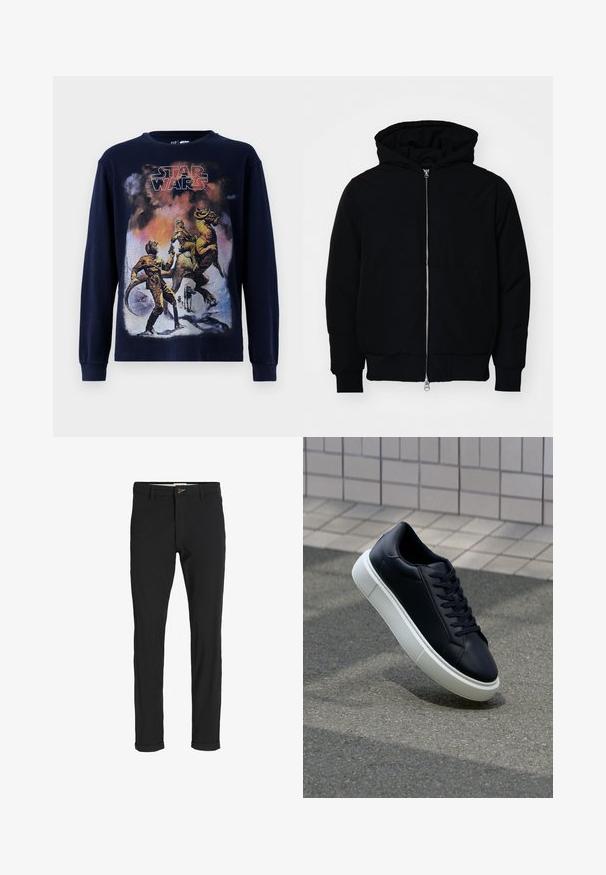 Mustaga kapuutsiga jakk, millel on esineed, kenguru tasku, soonikkoes, ja alläär, esitatud lihtsal valgel taustal.; Tumesinine pikkade varrukatega T-särk, millel on vintage Star Warsi graafiline illustreerimine, kus on kujutatud tegelasi ja olendit lumisel maastikul.; Mustast puuvillasegustest pükstest õhukese lõikega, milles on nööbikinnitus, taskud ja keeratud sääred, et saavutada lõdva lõppviimistluse.; Mustast nahast tennisetoss, millel on ümar nina ja valge kummist tall. Omab siredaid paelu ja minimaalset õmblemist ülemises osas. Tekstuuriga tald, mis tagab haakuvuse.