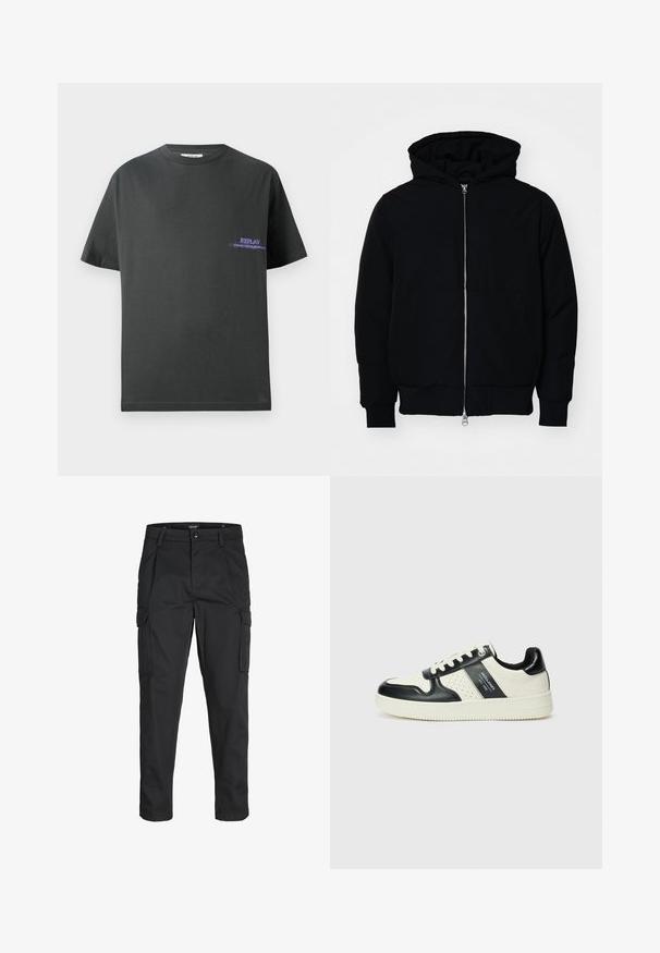 Mustat huppu-untuvatakki, jossa on vetoketju edessä, kenguru-tasku, ribatut hihansuut ja helma, esillä yksinkertaisella valkoisella taustalla.; T-paita tummanharmaata puuvillaa, jossa on pyöreä kaula-aukko. Vasemmassa rinnassa on pieni violetti printti, jossa lukee "REPLAY". Lyhyet, suorat hihat.; Mustat cargo-housut, jotka on valmistettu kestävästä kankaasta. Housuissa on useita taskuja, nappisulku ja kapea istuvuus, jossa on kapenevat lahkeet.; Nahkakengät musta-kerma värimaailmassa, joissa on rei'itetyt yksityiskohdat, pehmustettu nilkkaosa ja teksturoitu pohja.