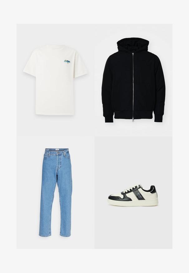 Mustaga kapuutsiga jakk, millel on esineed, kenguru tasku, soonikkoes, ja alläär, esitatud lihtsal valgel taustal.; Valge puuvillane T-särk lühikeste varrukatega, millel on värvikas graafika disain vasakul rinna piirkonnas, kujutades kala ja teksti.; Heled sinised kõrge vöökoha sirged teksad eesnupu ja lukuga, vööloopide ja viie-tasku disainiga valge tausta ees.; Nahatud nahkkingad musta ja kreemi värviskeemiga, millel on perforeeritud aktsendid, pehme krae ja tekstureeritud tallad.