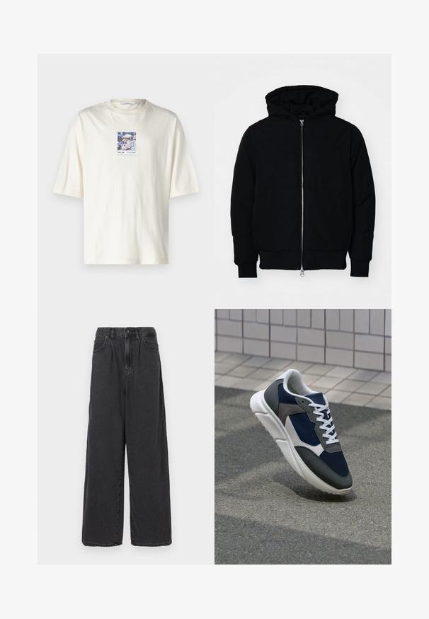 Giacca nera con cappuccio, dotata di zip frontale, tasca a marsupio, polsini e orlo a coste, esposta su uno sfondo bianco semplice.; Maglietta a maniche corte di colore crema, realizzata in cotone, con una grafica quadrata che rappresenta una scena di strada di New York al centro. Design classico con scollo rotondo.; Pantaloni in denim neri a gamba larga e vita alta con chiusura frontale a bottoni e zip, dotati di tasche laterali e una texture liscia.; Sneaker con tomaia in rete blu navy, inserti in suede grigio, suola in gomma bianca e lacci bianchi piatti, progettata per comfort e traspirabilità.