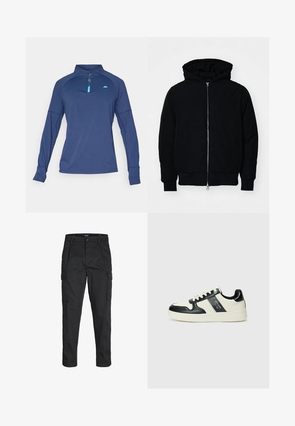 Fekete kapucnis dzseki elülső cipzárral, kenguruzsebbel, bordázott mandzsettákkal és aba, egy sima fehér háttér előtt.; Tengerészeti kék, hosszú ujjú sportmez, félig cipzáras gallérral, kék díszítésekkel, raglán ujjakkal és sima, könnyű anyagból készült.; Fekete cargo nadrág, amely tartós anyagból készült, több zsebet tartalmaz, gombos záródással rendelkezik, és karcsú szabású, szűkített lábakkal bír.; Fekete és krém színű bőrsneaker, perforált díszítésekkel, párnázott bokapánttal és texturált talppal.