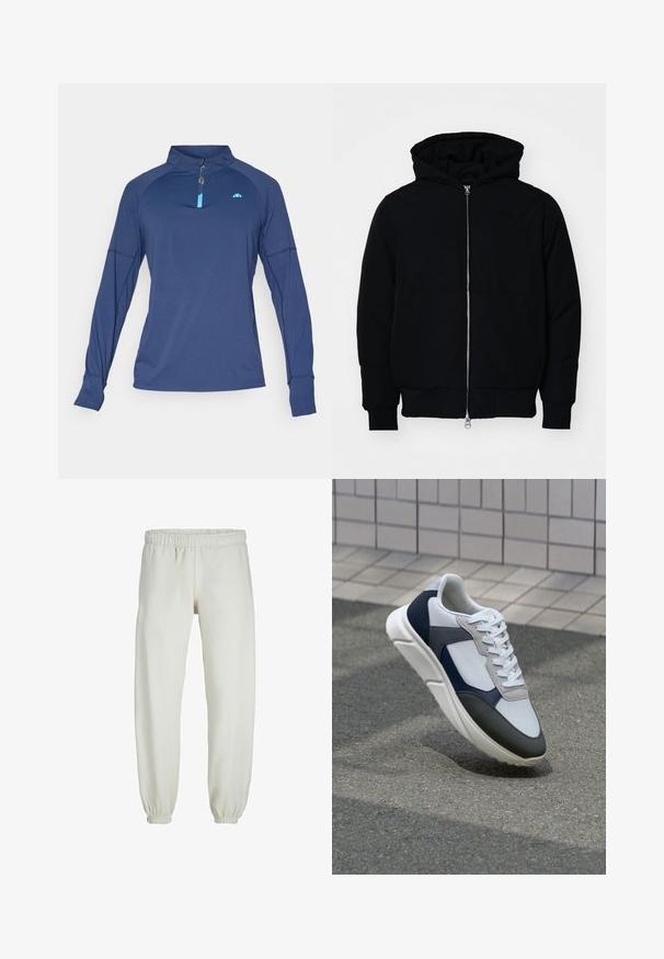 Juodas gobtuvėlis su priekiniu užtrauktuku, kengūros tipo kišene, lygiais rankogaliais ir apvadu, pateiktas ant vientiso balto fono.; Tamsiai mėlynos spalvos ilgomis rankovėmis sportinis viršus su pusiau užtrauktuku ant apykaklės, mėlynais akcentais, raglan rankovėmis ir lygiu, lengvu audiniu.; Baltos sportinės kelnės, pagamintos iš minkštos medžiagos, su elastinga juosmeniu ir rankogaliais, turinčios lygią tekstūrą ir laisvą siluetą.; Baltos, tamsiai mėlynos ir pilkos sportbačiai su mišriomis medžiagomis, turintys tekstūruotą viršutinę dalį, plokščius raištelius ir paminkštintą pado dalį.