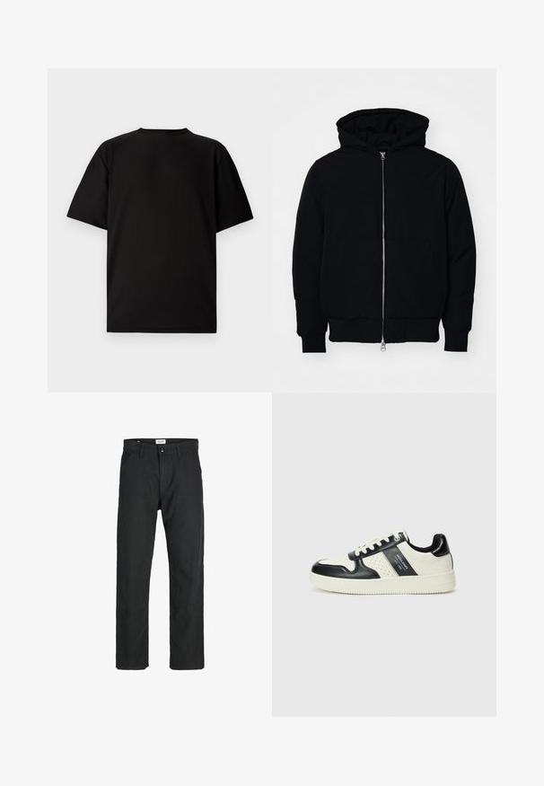 Jachetă neagră cu glugă, cu fermoar în față, buzunar tip kangaroo, mansete și tiv ribbed, prezentată pe un fundal alb simplu.; Tricou negru cu mânecă scurtă, fabricat din material cu textură de tip ribbed. Are un decolteu rotund și o croială lejeră cu o textură fină. Vedere din spate.; Pantaloni negri dintr-un material durabil, cu un design cu picior drept, accente cusute și două buzunare frontale pentru funcționalitate.; Tenisi din piele cu un scheme de culori negru și crem, dotati cu accente perforate, guler căptușit și o talpă texturată.