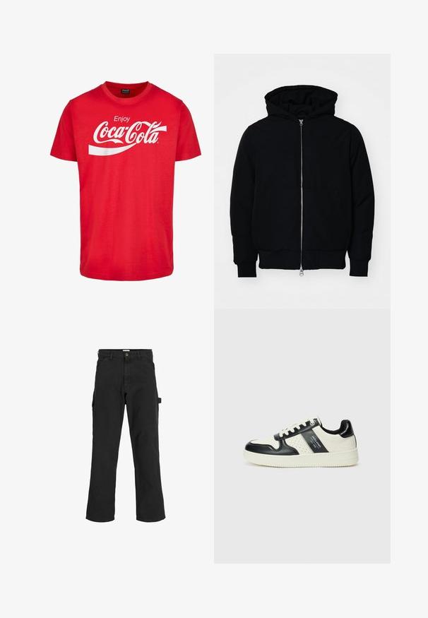 Čierna kapucňová bunda s predným zipsom, klokaními vreckami, rebrovanými manžetami a lemom, zobrazená na bielom pozadí.; Červené bavlnené tričko s krátkymi rukávmi s bielym logom "Coca-Cola" a vlnitým dizajnom na hrudi. Klasický strih s okrúhlym výstrihom.; Čierne cargo nohavice z bavlnenej zmesi. Majú široké nohy, predné šikmé vrecká a bočné vrecko s očkom na doplnky.; Kožené tenisky v čierno-krémovej farbe, s perforovanými akcentmi, polstrovaným golierom a štruktúrovanou podrážkou.
