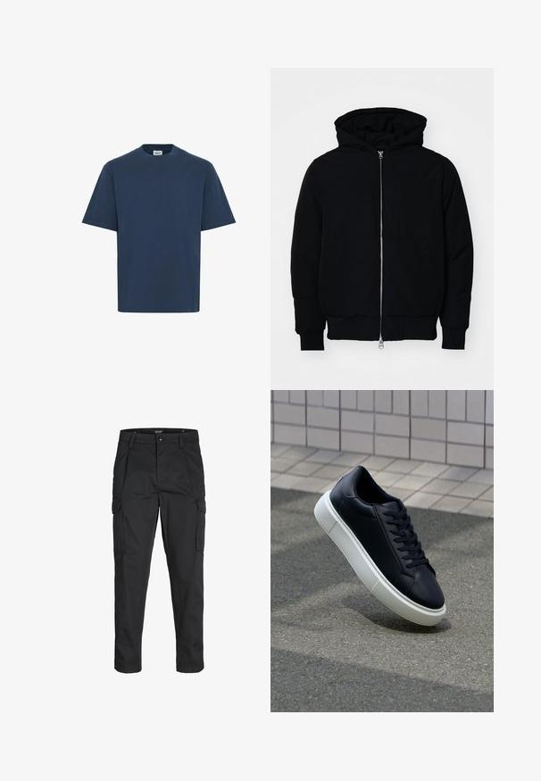 Czarna kurtka z kapturem, z suwakiem z przodu, kieszenią kangurką, ściągaczami przy mankietach i dolnym brzegu, prezentowana na jednolitym białym tle.; Granatowa bawełniana koszulka z okrągłym dekoltem, krótkimi rękawami i prostym dołem. Posiada małą metkę marki na dolnej lewej stronie.; Czarne spodnie cargo wykonane z wytrzymałego materiału, z wieloma kieszeniami, zapięciem na guzik oraz zwężanym krojem nogawek.; Czarne skórzane sneakersy z okrągłym noskiem i białą gumową podeszwą. Posiadają płaskie sznurowadła i minimalne przeszycia na cholewce. Teksturowana podeszwa zapewnia przyczepność.