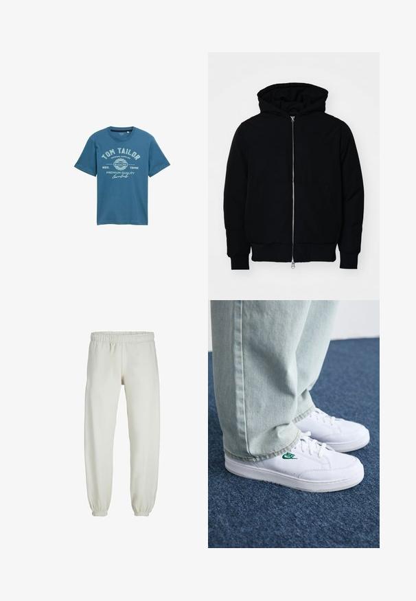 Svart huoodiejacka med framdragkedja, känguruficka, ribbade ärmslut och nederkant, uppställd mot en vit bakgrund.; Blå bomulls T-shirt med kort ärm, med en tryckt design i vit text, inklusive varumärket "Tom Tailor" och ytterligare detaljer.; Vita sweatpants gjorda av mjukt tyg, med elastisk midja och muddar, samt en slät textur och lös passform.; Vita lädersneakers med grön Nike-logga, rund tå, platt sula, kombinerade med ljusblå denimbyxor, visade på en blå matta.