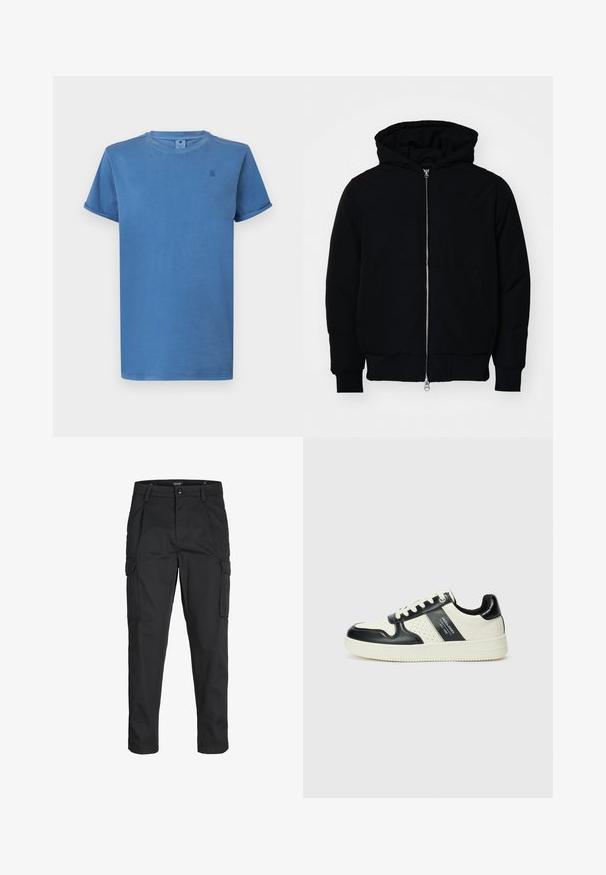 Mustaga kapuutsiga jakk, millel on esineed, kenguru tasku, soonikkoes, ja alläär, esitatud lihtsal valgel taustal.; Hele sinine lühikeste varrukatega T-särk, mis on valmistatud pehmest puuvillast, millel on ümar kaelus ja väike logo detail rinnal.; Mustad mustapõlvik, mis on valmistatud tugeva koe kasutades, sisaldab mitmeid taskuid, nupule kinnitatav sulgemine ja kitsenev disain.; Nahatud nahkkingad musta ja kreemi värviskeemiga, millel on perforeeritud aktsendid, pehme krae ja tekstureeritud tallad.