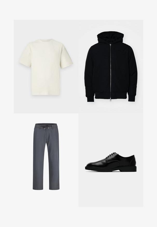 Črna kapuca jakna s sprednjim zadrgo, kenguru žepom, rebrastimi manšetami in hemom, razstavljena na enostavni beli ozadju.; Svetlobež barve rebrasta majica s kratkimi rokavi in okroglim izrezom, prikazana na enostavni beli podlagi.; Sive, elastične hlače z gumico in vezalko. Ravnina noge, izdelane iz gladkega materiala, imajo minimalne šive in brez vidne strojne opreme.; Črne usnjene oblečne čevlje z gladko površino, okroglim nosom, zavezovanjem in diskretnim gumijastim podplatom za oprijem.