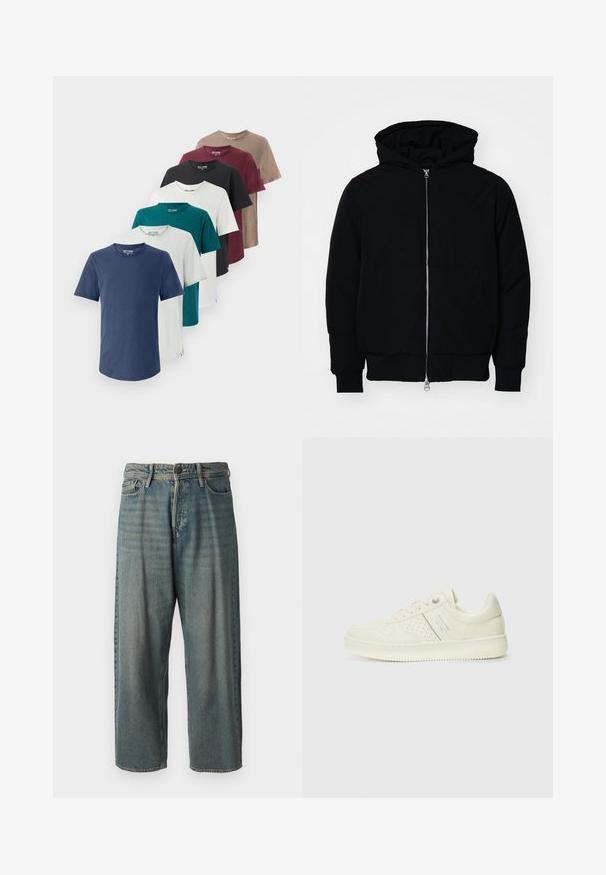 Czarna kurtka z kapturem, z suwakiem z przodu, kieszenią kangurką, ściągaczami przy mankietach i dolnym brzegu, prezentowana na jednolitym białym tle.; Siedem bawełnianych koszulek w różnych kolorach: granatowym, turkusowym, białym, czarnym, bordowym, szarym i brązowym. Każda ma okrągły dekolt i krótkie rękawy.; Jasnoniebieskie dżinsy o luźnym kroju, średnim stanie i prostych nogawkach. Posiadają pięć kieszeni, szlufki na pasek oraz zapięcie na guzik.; Kremowe sneakersy z perforowanymi detalami, sznurowadłami i logo z boku, prezentowane na jednolitym białym tle.