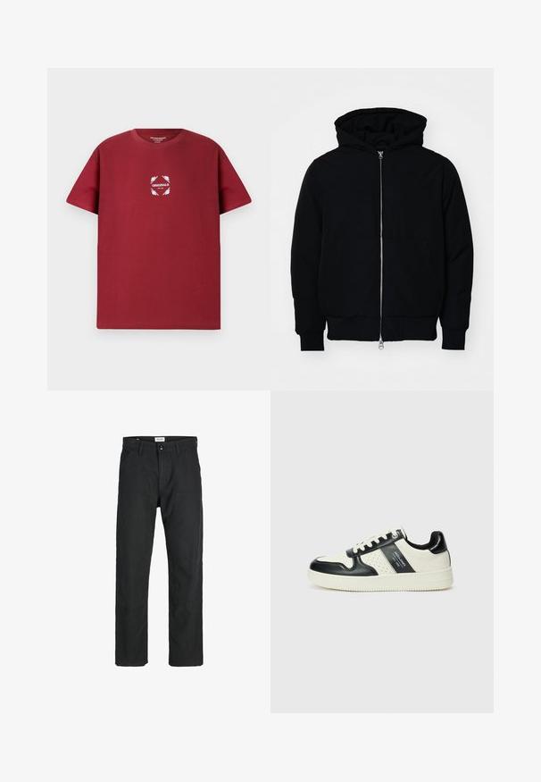 Sort hættejakke med frontlynlås, kængurulomme, ribbede manchetter og kant, præsenteret på en ensfarvet hvid baggrund.; Mørkerød bomulds T-shirt med korte ærmer, der har et hvidt grafisk cirkeldesign med ordet "ORIGINALS" og bladdetaljer på forsiden.; Sorte bukser lavet af holdbart stof, med en lige pasform, syede detaljer og to forlommer for funktionalitet.; Lædersneakers i sort og creme farveskema, med perforerede detaljer, en polstret krave og en struktureret ydersål.