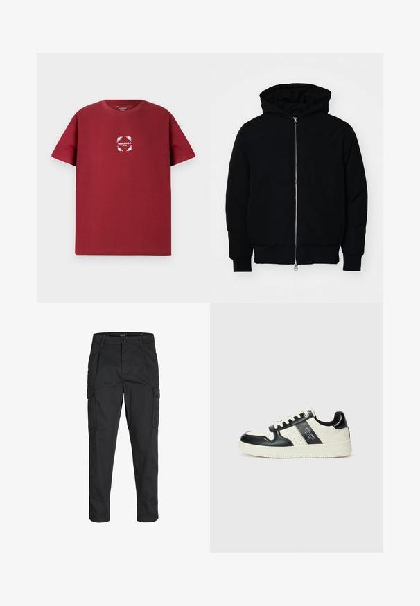 Juodas gobtuvėlis su priekiniu užtrauktuku, kengūros tipo kišene, lygiais rankogaliais ir apvadu, pateiktas ant vientiso balto fono.; Kvino spalvos medvilnės marškinėliai trumpomis rankovėmis, su balta grafine apskritimo dizainu, kuriame rašoma "ORIGINALS" ir lapų akcentai priekyje.; Juodi krovinių tipo džinsai, pagaminti iš tvirto audinio, su keliais kišeniais, mygtuko uždarymu ir siauru, prigludusiu dizainu su siaurėjančiomis kojomis.; Odiniai sportbačiai juodos ir kreminės spalvų schemoje, su perforuotais akcentais, paminkštinta apykakle ir tekstūruotu padu.