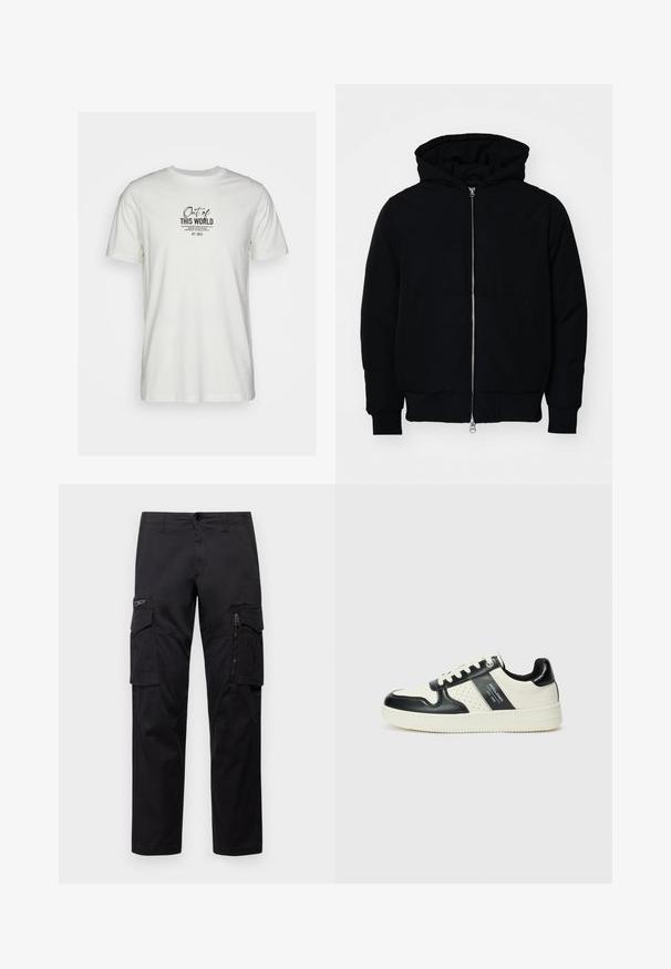 Crna kapuška jakna s prednjim zatvaračem, kenguru džepom, rebrastim manžetama i rubom, prikazana na običnoj bijeloj pozadini.; Bijela pamučna majica s crnim grafičkim printom i tekstom. Kratki rukavi i okrugli izrez, jednostavan dizajn bez dodatnih ukrasa.; Crne cargo hlače s više džepova, zatvorenim džepom na bedru, ravnog kroja i čvrstog pamuka s blagim sjajem.; Kožne tenisice s crno-bijelom paletom boja, koje imaju perforirane akcentne detalje, podstavljeni ovratnik i teksturiranu potplat.