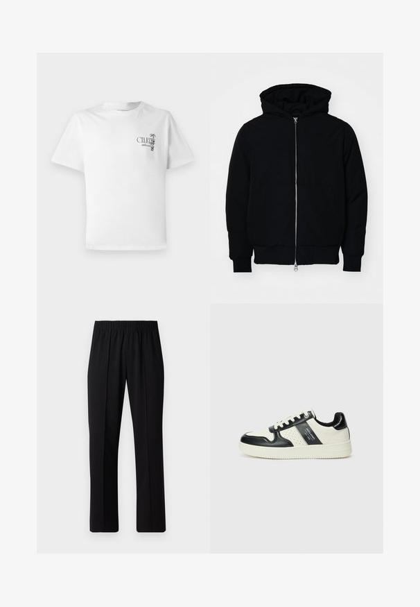 Black hooded jacket with front zipper, kangaroo pocket, ribbed cuffs, and hem, displayed on a plain white background.; White cotton t-shirt with short sleeves, featuring a printed graphic on the left chest area. The design includes text and palm tree accents.; Black, elastic-waist trousers with a straight-leg design, featuring a smooth texture and no visible patterns or hardware.; Leather sneakers with a black and cream color scheme, featuring perforated accents, a padded collar, and a textured outsole.