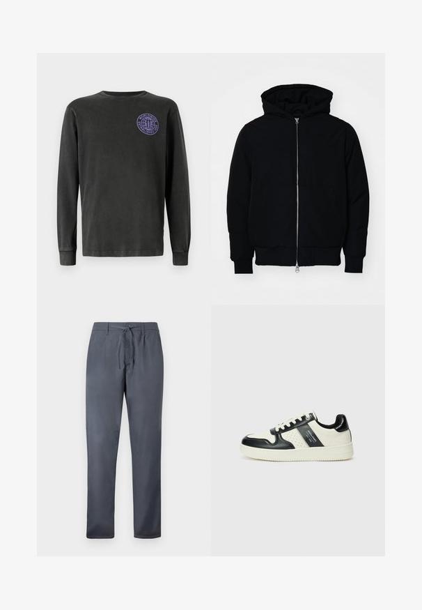 Melna kapucēta jaka ar priekšējo rāvējslēdzēju, kenguru kabatu, ribinātām aprocēm un apakšmalu, parādīta uz vienkārša balta fona.; Tumšā pelēkā kokvilnas ilgu piedurkņu krekls ar apaļu dekoltē. Uz kreisās krūtis ir purpura apļa logo. Gluda tekstūra, vienkāršs dizains.; Pelēki bikses, kas izgatavotas no gludas auduma, ar šņorēšanas aizdari un sānu kabatām. Taisnas kājas forma ar tīru apdari.; Ādas sporta apavi ar melnbaltu krāsu shēmu, ar perforētiem akcentiem, mīkstinātu apkakli un teksturētu zoli.