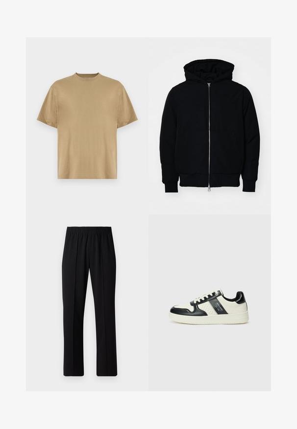 Black hooded jacket with front zipper, kangaroo pocket, ribbed cuffs, and hem, displayed on a plain white background.; Khaki short-sleeve T-shirt made of soft fabric, featuring a round neckline and a relaxed fit. No patterns or graphics are visible.; Black, elastic-waist trousers with a straight-leg design, featuring a smooth texture and no visible patterns or hardware.; Leather sneakers with a black and cream color scheme, featuring perforated accents, a padded collar, and a textured outsole.
