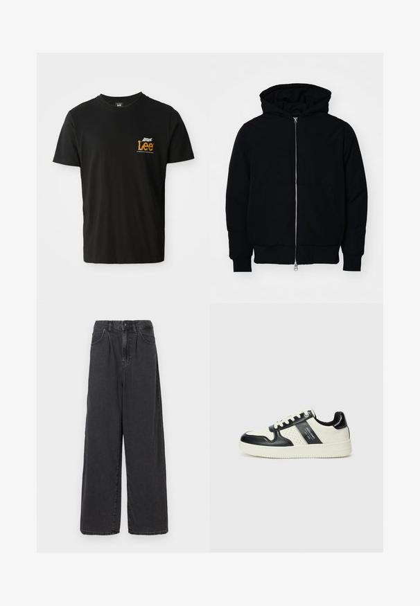 Svart hettejakke med frontglidelås, kengurulomme, ribbestrikket mansjetter og søm, vist på en ensfarget hvit bakgrunn.; Svart bomull T-skjorte med korte ermer og rund hals, med et lite oransje og hvitt grafisk logo på venstre brystområde.; Bredde ben, høy midje svarte dongeri bukser med knapp og glidelås foran, med sidelommer og en glatt tekstur.; Lædersneakers med sort og creme farveskema, der har perforerede detaljer, en polstret krave og en struktureret ydersål.