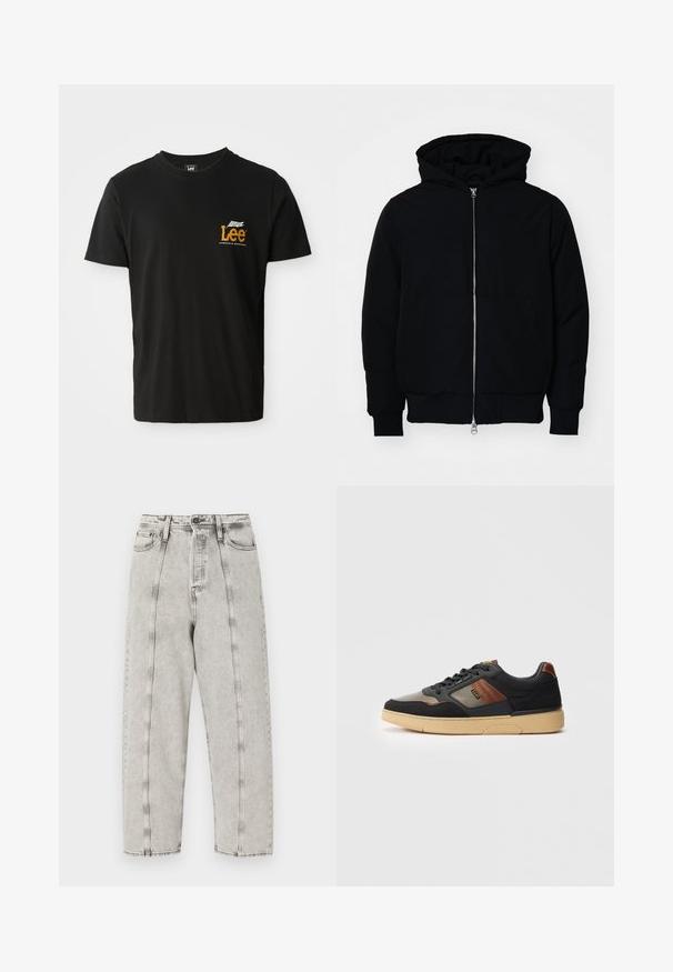 Mustaga kapuutsiga jakk, millel on esineed, kenguru tasku, soonikkoes, ja alläär, esitatud lihtsal valgel taustal.; Must mustani T-särk lühikeste varrukatega, ümar kaelus, millel on vasakul rinnal väike oranž ja valge graafiline logo.; Halli kõrge vöökohaga teksad, mis on laia lõikega, sirge jala disainiga, nähtavate õmblustega ja kulunud tekstuuriga.; Mustad ja pruunid madalad spordijalatsid beeži tallaga, paeltega ja külgmise brändimisega, valgel taustal.