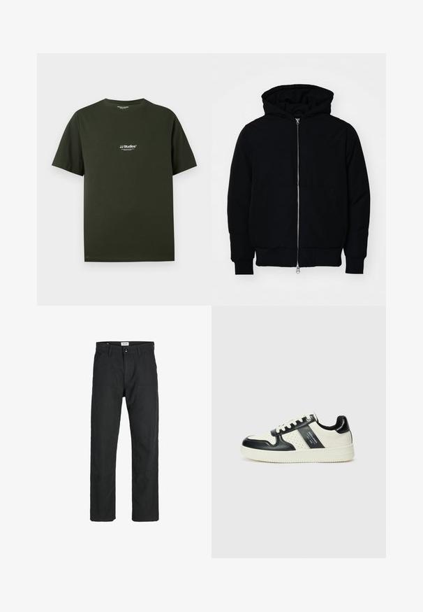 Juodas gobtuvėlis su priekiniu užtrauktuku, kengūros tipo kišene, lygiais rankogaliais ir apvadu, pateiktas ant vientiso balto fono.; Tamsiai žalia medvilninė marškinėliai su apvaliu kaklu ir trumpomis rankovėmis, kairėje krūtinės pusėje su baltu spaudiniu „JJ Studios“.; Juodi kelniai, pagaminti iš tvirto audinio, su tiesiomis kojomis, siuvinėtomis detalėmis ir dviem priekinėmis kišenėmis funkcionalumui.; Odiniai sportbačiai juodos ir kreminės spalvų schemoje, su perforuotais akcentais, paminkštinta apykakle ir tekstūruotu padu.