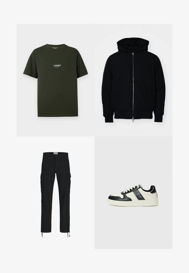 Sort hættejakke med frontlynlås, kængurulomme, ribbede manchetter og kant, præsenteret på en ensfarvet hvid baggrund.; Mørkegrøn bomulds t-shirt med rund hals og korte ærmer, med hvidt trykt logo "JJ Studios" på venstre brystområde.; Sorte cargo bukser med lige snit, der har sidelommer, knaplukning og elastiske snore ved anklerne. Fremstillet af slidstærkt stof.; Lædersneakers i sort og creme farveskema, med perforerede detaljer, en polstret krave og en struktureret ydersål.