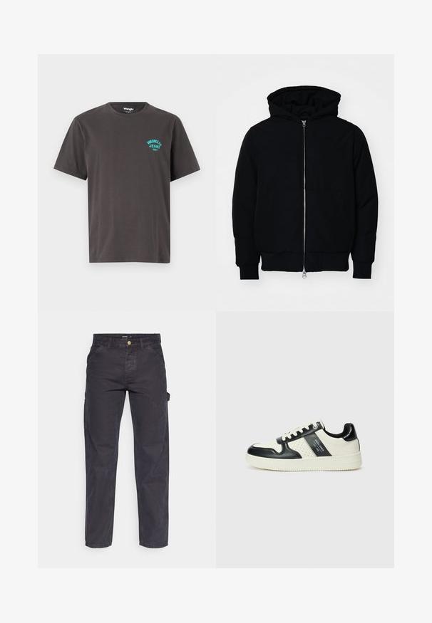 Černá kapucňová bunda s předním zipem, klokaní kapsou, vroubkovanými manžetami a spodním lemem, vystavená na čistém bílém pozadí.; Tmavě šedé bavlněné tričko s krátkým rukávem, kulatým výstřihem a tyrkysovým logem "Wrangler Jeans 1947" vytištěným na levé straně.; Tmavě šedé cargo kalhoty vyrobené z odolné látky, s rovnými nohavicemi, pěti kapsami a knoflíkovým zapínáním v pase.; Kožené tenisky s černobílou barevnou kombinací, které mají perforované detaily, polstrovaný límec a texturovanou podrážku.