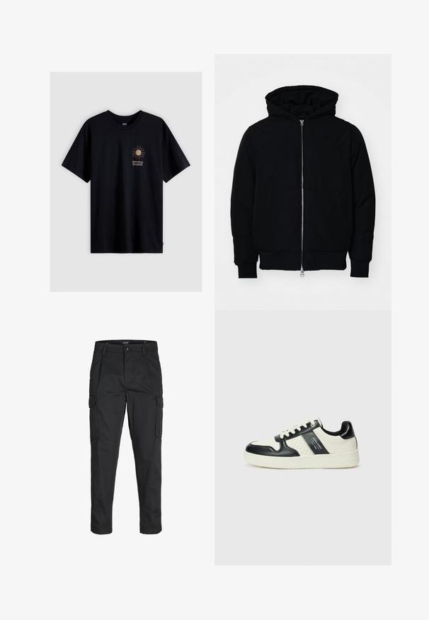 Mustaga kapuutsiga jakk, millel on esineed, kenguru tasku, soonikkoes, ja alläär, esitatud lihtsal valgel taustal.; Must musta T-särk, millel on väike kuldne päikese graafika ja valge Levi'si logo. Klassikaline ümar kaelus ja lühikesed varrukad. Lihtne disain.; Mustad mustapõlvik, mis on valmistatud tugeva koe kasutades, sisaldab mitmeid taskuid, nupule kinnitatav sulgemine ja kitsenev disain.; Nahatud nahkkingad musta ja kreemi värviskeemiga, millel on perforeeritud aktsendid, pehme krae ja tekstureeritud tallad.