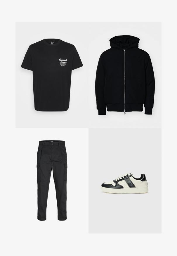Crna kapuška jakna s prednjim zatvaračem, kenguru džepom, rebrastim manžetama i rubom, prikazana na običnoj bijeloj pozadini.; Crna pamučna majica s okruglim izrezom, kratkim rukavima i bijelim otisnutim tekstom na lijevoj strani prsnog dijela. Jednostavan dizajn bez dodatnih uzoraka.; Crne cargo hlače izrađene od čvrstog materijala, s brojnim džepovima, kopčanjem na gumb i dizajnom koji pomaže da se prilagode tijelu sa suženim nogavicama.; Kožne tenisice s crno-bijelom paletom boja, koje imaju perforirane akcentne detalje, podstavljeni ovratnik i teksturiranu potplat.