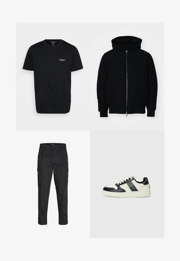 Schwarze Kapuzenjacke mit Frontreißverschluss, Kängurutasche, gerippten Bündchen und Saum, auf einem schlichten weißen Hintergrund präsentiert.; Schwarzes Baumwoll-T-Shirt mit kurzen Ärmeln, runder Ausschnitt und weißem "Originals"-Logo auf der Brust. Glatte Textur, reguläre Passform.; Schwarze Cargo-Hose aus robustem Material, mit mehreren Taschen, einem Knopfverschluss und einem Slim-Fit-Design mit schmal zulaufenden Beinen.; Leder-Sneaker in Schwarz- und Cremetönen, mit perforierten Akzenten, einem gepolsterten Kragen und einer strukturierten Laufsohle.