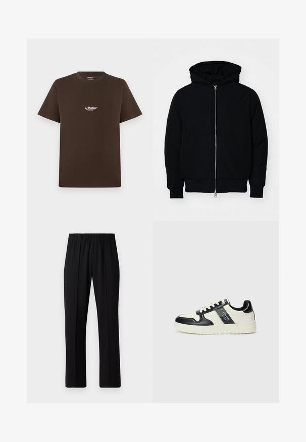 Schwarze Kapuzenjacke mit Frontreißverschluss, Kängurutasche, gerippten Bündchen und Saum, auf einem schlichten weißen Hintergrund präsentiert.; Braunes Baumwoll-T-Shirt mit kurzen Ärmeln, Rundhalsausschnitt und einem kleinen weißen Logo auf der Brust. Angenehme Textur und reguläre Passform.; Schwarze, Gummibund-Hosen mit geradem Schnitt, die eine glatte Textur aufweisen und keine sichtbaren Muster oder Beschläge haben.; Leder-Sneaker in Schwarz- und Cremetönen, mit perforierten Akzenten, einem gepolsterten Kragen und einer strukturierten Laufsohle.