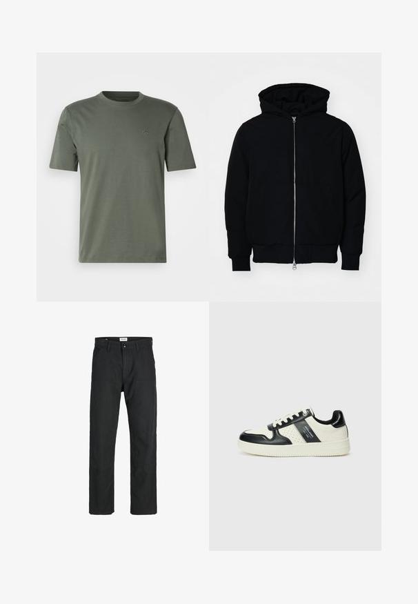 Černá kapucňová bunda s předním zipem, klokaní kapsou, vroubkovanými manžetami a spodním lemem, vystavená na čistém bílém pozadí.; Olivově zelené tričko s krátkým rukávem z měkkého materiálu, s kulatým výstřihem a jemně vyšitým logem na levé hrudi.; Černé kalhoty vyrobené z odolné tkaniny, s rovnými nohavicemi, šitými akcenty a dvěma předními kapsami pro praktičnost.; Kožené tenisky s černobílou barevnou kombinací, které mají perforované detaily, polstrovaný límec a texturovanou podrážku.