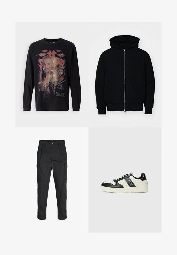 Czarna kurtka z kapturem, z suwakiem z przodu, kieszenią kangurką, ściągaczami przy mankietach i dolnym brzegu, prezentowana na jednolitym białym tle.; Czarny longsleeve z kolorowym nadrukiem z "Gwiezdne Wojny: Część I - Mroczne Widmo", przedstawiającym różne postacie i detale.; Czarne spodnie cargo wykonane z wytrzymałego materiału, z wieloma kieszeniami, zapięciem na guzik oraz zwężanym krojem nogawek.; Skórzane sneakersy w czarno-kremowym schemacie kolorystycznym, z perforowanymi akcentami, wyściełanym kołnierzem i teksturowaną podeszwą.