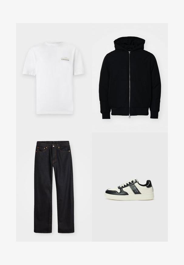 Juodas gobtuvėlis su priekiniu užtrauktuku, kengūros tipo kišene, lygiais rankogaliais ir apvadu, pateiktas ant vientiso balto fono.; Balta medvilninė marškinėliai trumpomis rankovėmis, apvaliu iškirpimu ir mažas spausdintas logotipas juoda ir auksine spalvomis su užrašu "Kankunas."; Vyrų tiesaus kirpimo juodi džinsai iš denim medžiagos, su penkiomis kišenėmis ir oranžinėmis siūlėmis, su mygtuko ir užtrauktuko uždarymu ant priekio.; Odiniai sportbačiai juodos ir kreminės spalvų schemoje, su perforuotais akcentais, paminkštinta apykakle ir tekstūruotu padu.