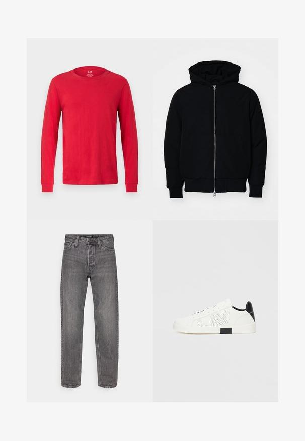 Black hooded jacket with front zipper, kangaroo pocket, ribbed cuffs, and hem, displayed on a plain white background.; Red long-sleeve cotton t-shirt with a crew neckline and ribbed cuffs, featuring a tag label at the back center.; Gray denim jeans with a straight cut, five pockets, and a slightly worn texture. Features a branded waistband with standard hardware.; White sneakers with perforated design, black heel accent, and white rubber sole. Features laces and logo on the side. Smooth leather texture.