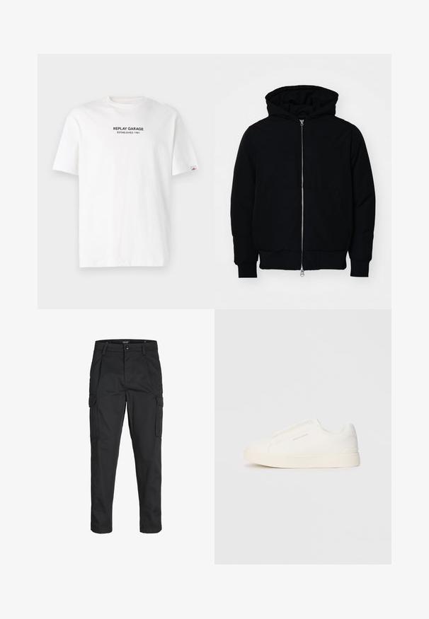 Chaqueta negra con capucha, cierre frontal, bolsillo tipo canguro, y puños y dobladillo acanalados, exhibida sobre un fondo blanco liso.; Camiseta de algodón blanca de manga corta, con un logo impreso en negro que dice "REPLAY GARAGE ESTABLISHED 1981" en el frente.; Pantalones cargo negros hechos de tela resistente, que cuentan con múltiples bolsillos, un cierre de botón y un diseño de corte slim con piernas ajustadas.; Zapatillas blancas tipo slip-on con una superficie texturizada, suela gruesa y diseño minimalista. Presenta el logo de la marca en un lado.