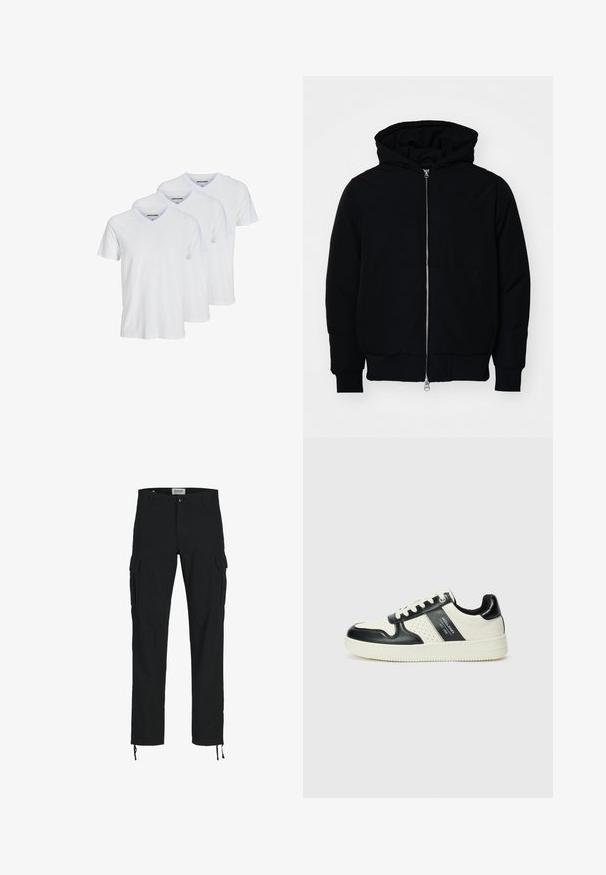 Black hooded jacket with front zipper, kangaroo pocket, ribbed cuffs, and hem, displayed on a plain white background.; Three white short-sleeve V-neck t-shirts made of cotton, featuring a simple design with contrasting neckline and subtle brand logo on the inside.; Black cargo pants with a straight cut, featuring side pockets, a button closure, and elastic drawstrings at the ankles. Made from durable fabric.; Leather sneakers with a black and cream color scheme, featuring perforated accents, a padded collar, and a textured outsole.
