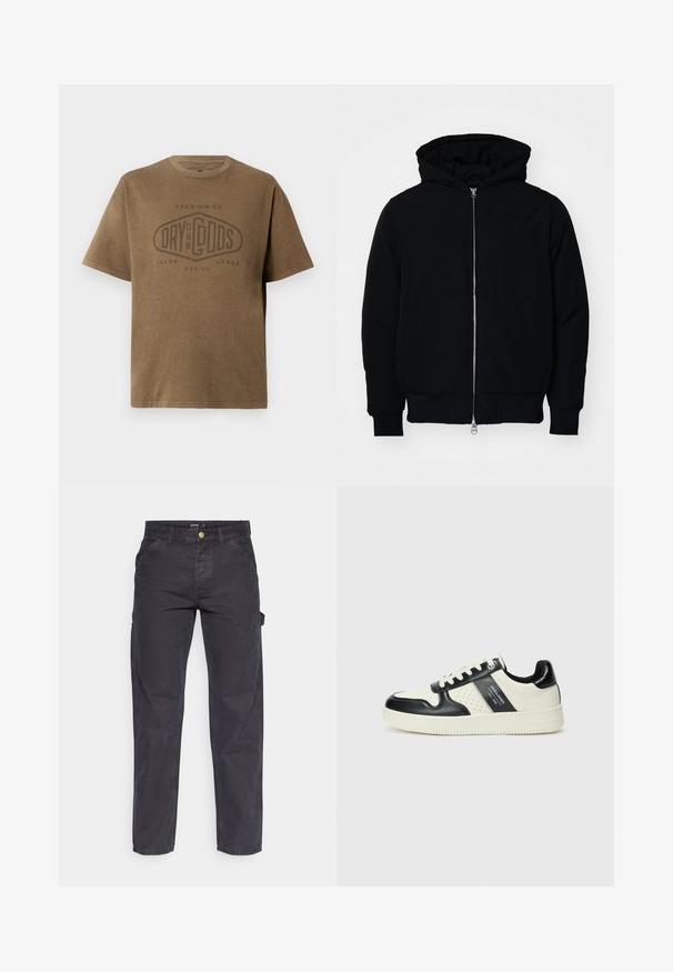 Čierna kapucňová bunda s predným zipsom, klokaními vreckami, rebrovanými manžetami a lemom, zobrazená na bielom pozadí.; Hnedé tričko s krátkym rukávom a okrúhlym výstrihom, na prednej strane s vyblednutým logom "Premium Co. Dry On My Gods Jack & Jones Est. 90".; Tmavošedé cargo nohavice vyrobené z odolného materiálu, s rovnými nohavicami, piatimi vreckami a gombíkovým zapínaním v páse.; Kožené tenisky v čierno-krémovej farbe, s perforovanými akcentmi, polstrovaným golierom a štruktúrovanou podrážkou.