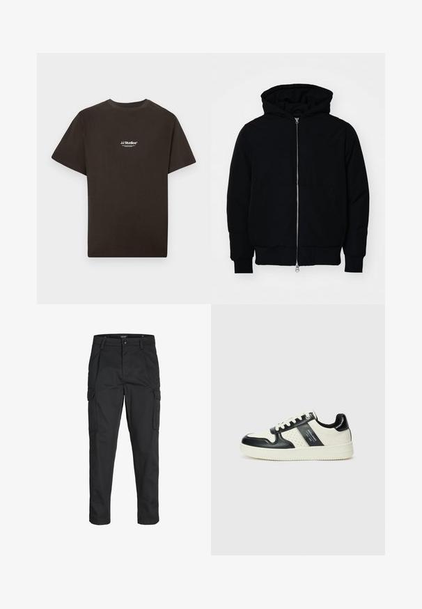 Zwarte hoodie met rits aan de voorkant, kangoeroe-pocket, geribbelde manchetten en zoom, weergegeven op een effen witte achtergrond.; Zwart katoenen T-shirt met korte mouwen en een ronde hals, met het "JJ Studios" logo in het wit aan de voorzijde, midden op de borst. Glad materiaal.; Zwarte cargobroek van stevig stof, met meerdere zakken, een knoopsluiting en een slim fit ontwerp met taps toelopende benen.; Leren sneakers met een zwart en crèmekleurig kleurenschema, voorzien van geperforeerde accenten, een gevoerde kraag en een gestructureerde buitenzool.