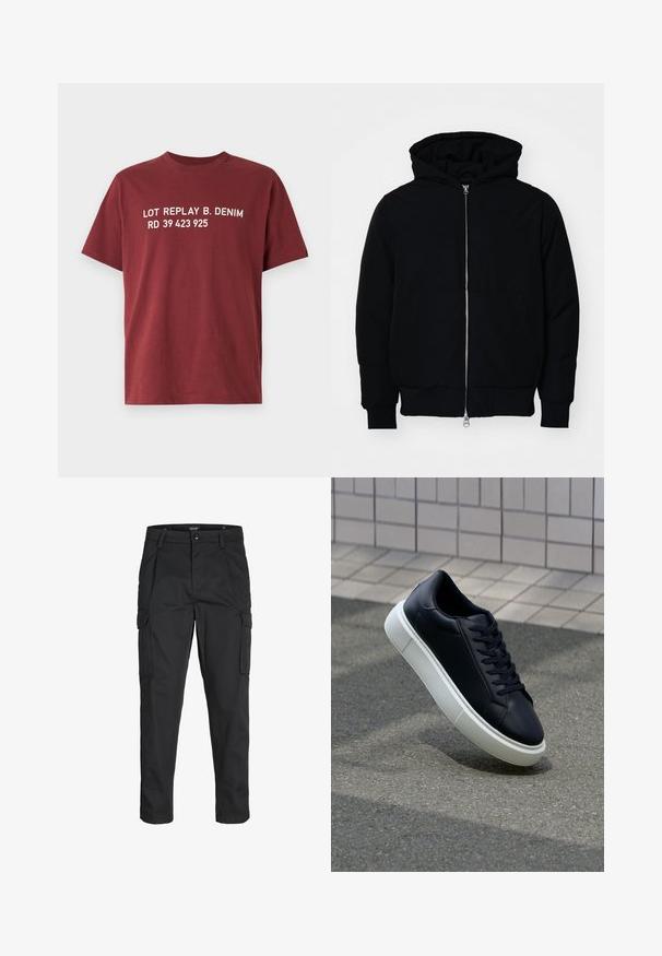 Chaqueta negra con capucha, cierre frontal, bolsillo tipo canguro, y puños y dobladillo acanalados, exhibida sobre un fondo blanco liso.; Camiseta de color marrón hecha de algodón, con un texto blanco en negrita que dice: "LOT REPLAY B. DENIM RD 39 423 925" en el pecho. Mangas cortas, cuello redondo.; Pantalones cargo negros hechos de tela resistente, que cuentan con múltiples bolsillos, un cierre de botón y un diseño de corte slim con piernas ajustadas.; Zapatilla de cuero negro con punta redonda y suela de goma blanca. Presenta cordones planos y un mínimo de costuras en la parte superior. Suela texturizada para proporcionar agarre.