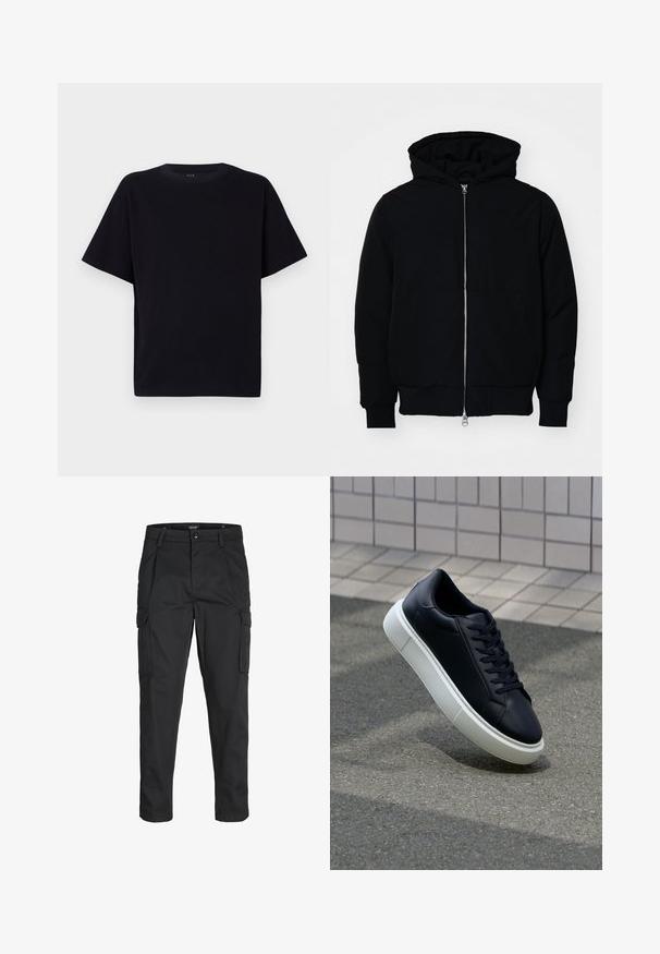 Juodas gobtuvėlis su priekiniu užtrauktuku, kengūros tipo kišene, lygiais rankogaliais ir apvadu, pateiktas ant vientiso balto fono.; Juoda trumpų rankovių marškinėliai su apvaliu iškirpimu. Pagaminti iš minkštos medžiagos, turi laisvą siluetą ir neturi matomų raštų ar akcentų.; Juodi krovinių tipo džinsai, pagaminti iš tvirto audinio, su keliais kišeniais, mygtuko uždarymu ir siauru, prigludusiu dizainu su siaurėjančiomis kojomis.; Juodas odinis sportbačius su apvaliu pirštu ir baltu gumuotu padu. Turi plokščias raišteles ir minimalų siuvimą viršuje. Padangos tekstūra užtikrina sukibimą.