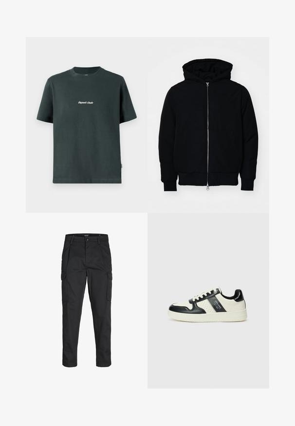 Juodas gobtuvėlis su priekiniu užtrauktuku, kengūros tipo kišene, lygiais rankogaliais ir apvadu, pateiktas ant vientiso balto fono.; Tamsiai žalios medvilnės marškinėliai su apvaliu iškirpimu, trumpomis rankovėmis ir balta siūta užrašu "Original Studio" krūtinėje. Lygi tekstūra.; Juodi krovinių tipo džinsai, pagaminti iš tvirto audinio, su keliais kišeniais, mygtuko uždarymu ir siauru, prigludusiu dizainu su siaurėjančiomis kojomis.; Odiniai sportbačiai juodos ir kreminės spalvų schemoje, su perforuotais akcentais, paminkštinta apykakle ir tekstūruotu padu.