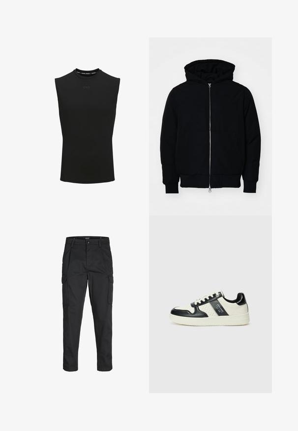 Crna kapuška jakna s prednjim zatvaračem, kenguru džepom, rebrastim manžetama i rubom, prikazana na običnoj bijeloj pozadini.; Crna bezrukavna sportska majica s visokim ovratnikom i malim logotipom "CNZ" na središnjem dijelu.; Crne cargo hlače izrađene od čvrstog materijala, s brojnim džepovima, kopčanjem na gumb i dizajnom koji pomaže da se prilagode tijelu sa suženim nogavicama.; Kožne tenisice s crno-bijelom paletom boja, koje imaju perforirane akcentne detalje, podstavljeni ovratnik i teksturiranu potplat.