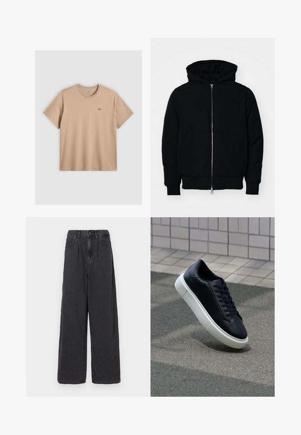 Mustat huppu-untuvatakki, jossa on vetoketju edessä, kenguru-tasku, ribatut hihansuut ja helma, esillä yksinkertaisella valkoisella taustalla.; Beige puuvillane t-särk lühikeste varrukatega ja ümmarguse kaelusega. Ees vasakul küljel on väike punane Levi'si logo. Sile tekstuur.; Haalihousut, korkeavyötäröiset mustat farkut, joissa on edessä nappi- ja vetoketjukiinnitys, sivutaskut ja sileä pinta.; Mustat nahkakengät, joissa on pyöristetty kärki ja valkoinen kumipohja. Varusteena litteät nauhat ja minimaalinen ommel ylhäällä. Teksturoitu pohja pitävyyden lisäämiseksi.