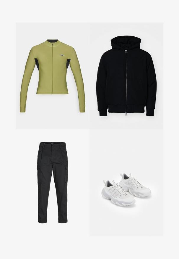 Crna kapuška jakna s prednjim zatvaračem, kenguru džepom, rebrastim manžetama i rubom, prikazana na običnoj bijeloj pozadini.; Dugulja s dugim rukavima, na zatvaranje, u maslinasto zelenoj i crnoj boji, s visokim ovratnikom i logotipom na prsima, izrađena od glatkog, rastezljivog materijala.; Crne cargo hlače izrađene od čvrstog materijala, s brojnim džepovima, kopčanjem na gumb i dizajnom koji pomaže da se prilagode tijelu sa suženim nogavicama.; Bijele atletske cipele s mrežastom gornjištu, siva akcenta, teksturirana gumena potplat i trake na peti; imaju dizajn s vezicama.