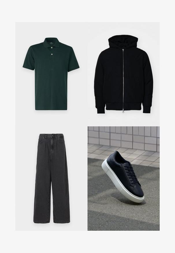 Svart huoodiejacka med framdragkedja, känguruficka, ribbade ärmslut och nederkant, uppställd mot en vit bakgrund.; GAP Piké - essex green; Breda byxor i hög midja av svart denim med knapp och dragkedja fram, utrustade med sidofickor och en slät yta.; Svart lädersneaker med rundad tå och vit gummisula. Har platta snören och minimal sömnad på ovansidan. Texturerad sula för grepp.