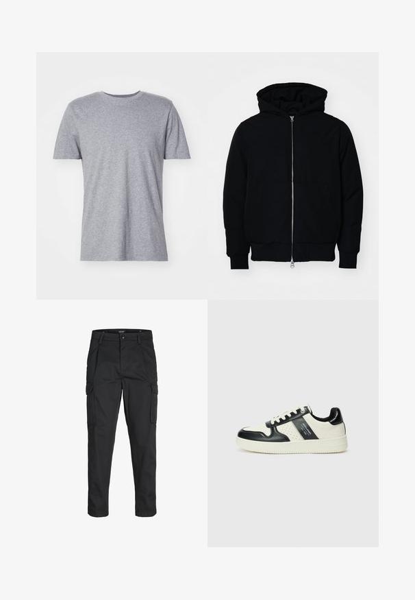 Jachetă neagră cu glugă, cu fermoar în față, buzunar tip kangaroo, mansete și tiv ribbed, prezentată pe un fundal alb simplu.; Tricou gri, cu mânecă scurtă, fabricat dintr-un amestec de bumbac, având un gât clasic și o textură netedă, moale.; Pantaloni cargo negri dintr-un material rezistent, cu multiple buzunare, închidere cu nasture și un design slim fit cu picioare conice.; Tenisi din piele cu un scheme de culori negru și crem, dotati cu accente perforate, guler căptușit și o talpă texturată.
