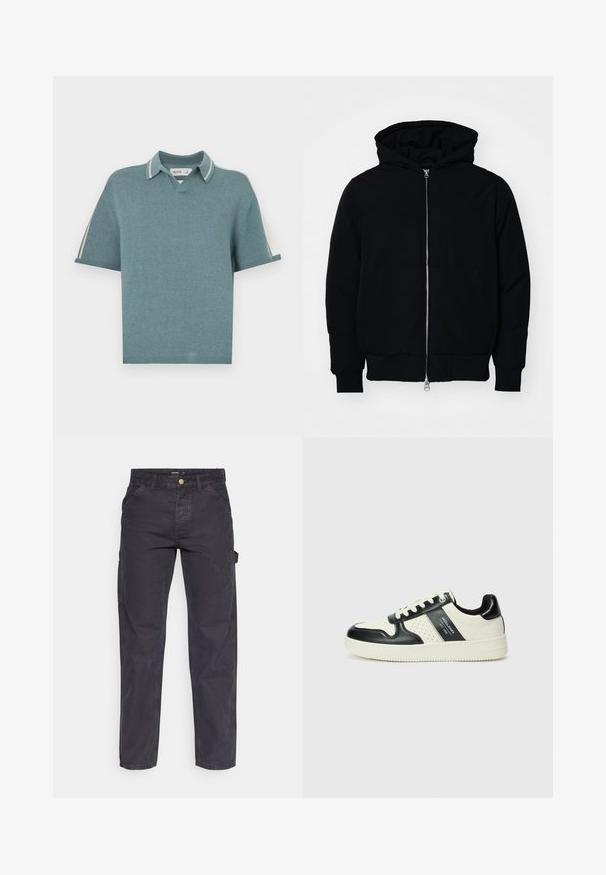Fekete kapucnis dzseki elülső cipzárral, kenguruzsebbel, bordázott mandzsettákkal és aba, egy sima fehér háttér előtt.; Polo stílusú kötött felső puha türkiz színben, V-nyakkal, rövid ujjal és kontrasztos csíkos gallér részletekkel. Zökkenőmentes textúra az egész felületen.; Sötétszürke cargo nadrág tartós anyagból, egyenes szárú fazonnal, öt zsebbel és gombos derékzárral.; Fekete és krém színű bőrsneaker, perforált díszítésekkel, párnázott bokapánttal és texturált talppal.