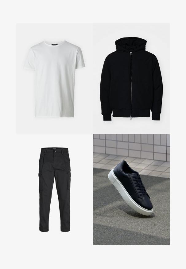 Black hooded jacket with front zipper, kangaroo pocket, ribbed cuffs, and hem, displayed on a plain white background.; White short-sleeve crew neck t-shirt made of cotton with a smooth texture. Features a tag at the collar. Simple, plain design.; Black cargo pants made of sturdy fabric, featuring multiple pockets, a button closure, and a slim fit design with tapered legs.; Black leather sneaker with rounded toe and white rubber sole. Features flat laces and minimal stitching on the upper. Textured sole for grip.