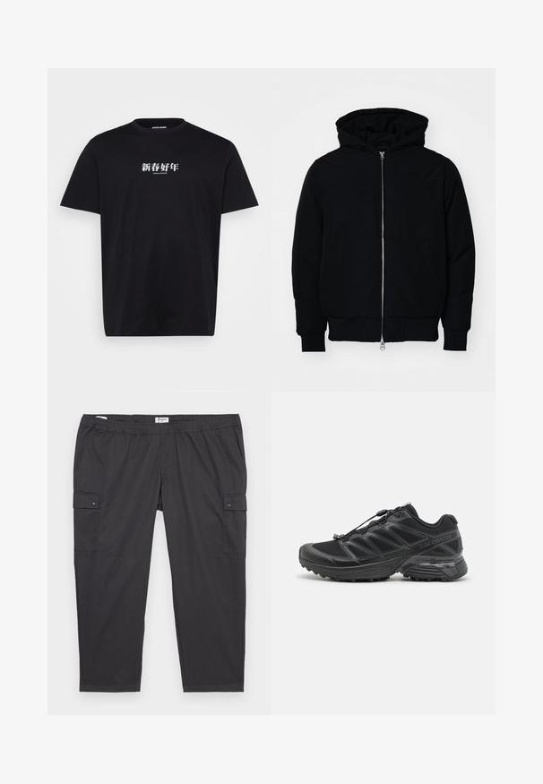 Svart huoodiejacka med framdragkedja, känguruficka, ribbade ärmslut och nederkant, uppställd mot en vit bakgrund.; Svart t-shirt av bomull med vitt text i asiatiska tecken och rund halsringning. Korta ärmar, standard passform.; Svarta cargobyxor med elastisk midja, sidofickor och tryckknappsdetaljer. Tillverkade av ett lätt och mjukt material.; Svart löparskor med ovandel i mesh och syntetmaterial, flexibel yttersula och elastiska snören. Har en dämpad mellansula för komfort.