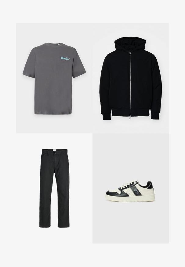 Črna kapuca jakna s sprednjim zadrgo, kenguru žepom, rebrastimi manšetami in hemom, razstavljena na enostavni beli ozadju.; Siva kratka majica z dolgimi rokavi iz bombaža. Na levem prsnem delu se nahaja svetlo modra grafika "Paradise". Klasičen kroj ovratnika.; Črne hlače iz trpežnega materiala, s krojem naravnih nog, našitki ter dvema sprednjima žepoma za funkcionalnost.; Usnjeni športni čevlji z črno in krem barvno shemo, ki vključujejo perforirane dodatke, podložen ovratnik in strukturirano podplat.