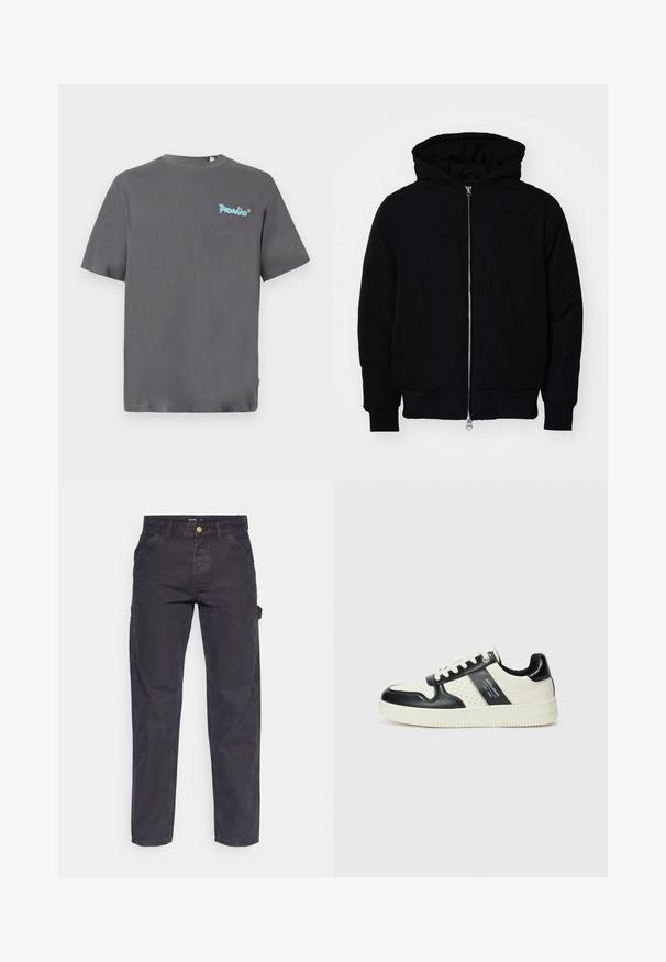 Černá kapucňová bunda s předním zipem, klokaní kapsou, vroubkovanými manžetami a spodním lemem, vystavená na čistém bílém pozadí.; Šedé tričko s krátkým rukávem vyrobené z bavlny. Na levé části hrudi je potisk světle modrého loga "Paradise". Kl classic kulatý výstřih.; Tmavě šedé cargo kalhoty vyrobené z odolné látky, s rovnými nohavicemi, pěti kapsami a knoflíkovým zapínáním v pase.; Kožené tenisky s černobílou barevnou kombinací, které mají perforované detaily, polstrovaný límec a texturovanou podrážku.