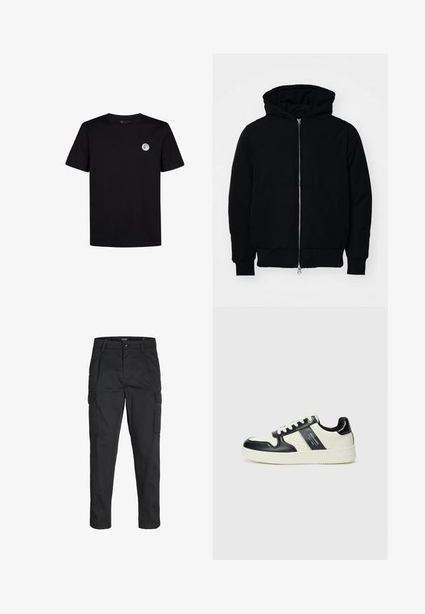 Svart huoodiejacka med framdragkedja, känguruficka, ribbade ärmslut och nederkant, uppställd mot en vit bakgrund.; Svart bomulls T-shirt med korta ärmar och rund halsringning. Har en liten cirkulär logotyp på vänster bröstområde. Enkelt design.; Svarta cargobyxor tillverkade av hållbart tyg, med flera fickor, knappstängning och en smal passform med avsmalnande ben.; Läder sneakers med en svart och krämfärgad färgsättning, med perforerade detaljer, en vadderad krage och en strukturerad yttersula.